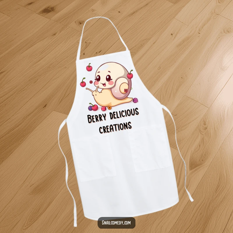 Funny snail apron with a snail juggling berries with its eye stalks, a humorous and practical kitchen accessory.