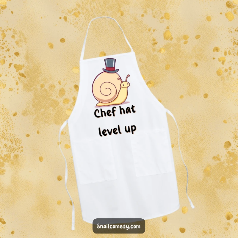 Funny Apron: Kawaii snail wearing a top hat, peeking out, ideal for kitchen use and adding dapper humor.