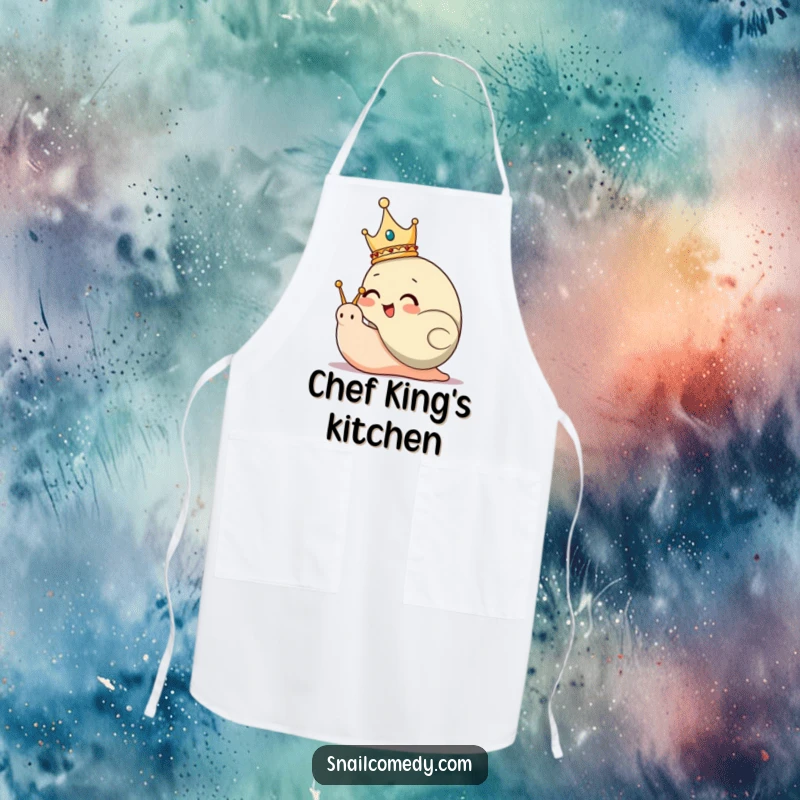 Funny Apron featuring a giggling snail character wearing a small crown, ready for kitchen command.