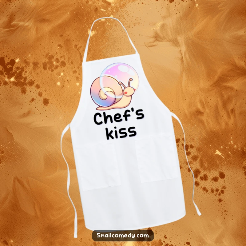 Funny cooking apron with a kawaii snail blowing a large, shimmering, iridescent bubble.