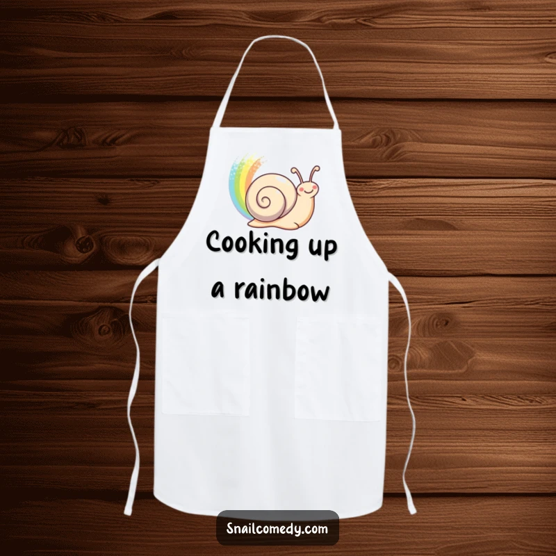 Funny happy snail leaving a shimmering rainbow trail behind on a durable apron, a vibrant funny gift.