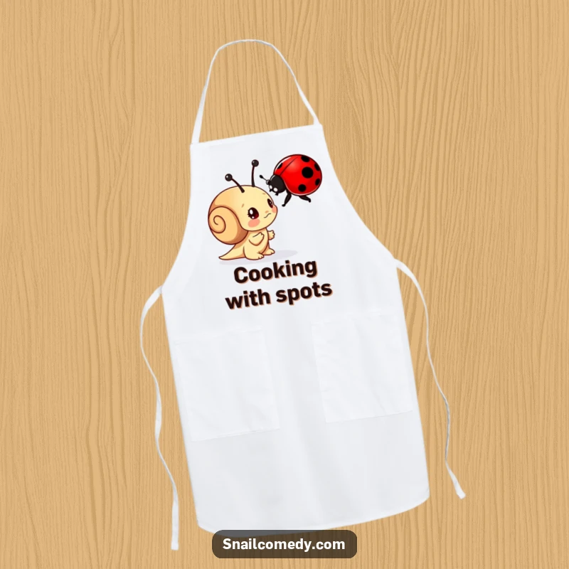 Funny apron featuring a curious snail character examining a ladybug with wonder, perfect for kitchen activities and gardening.