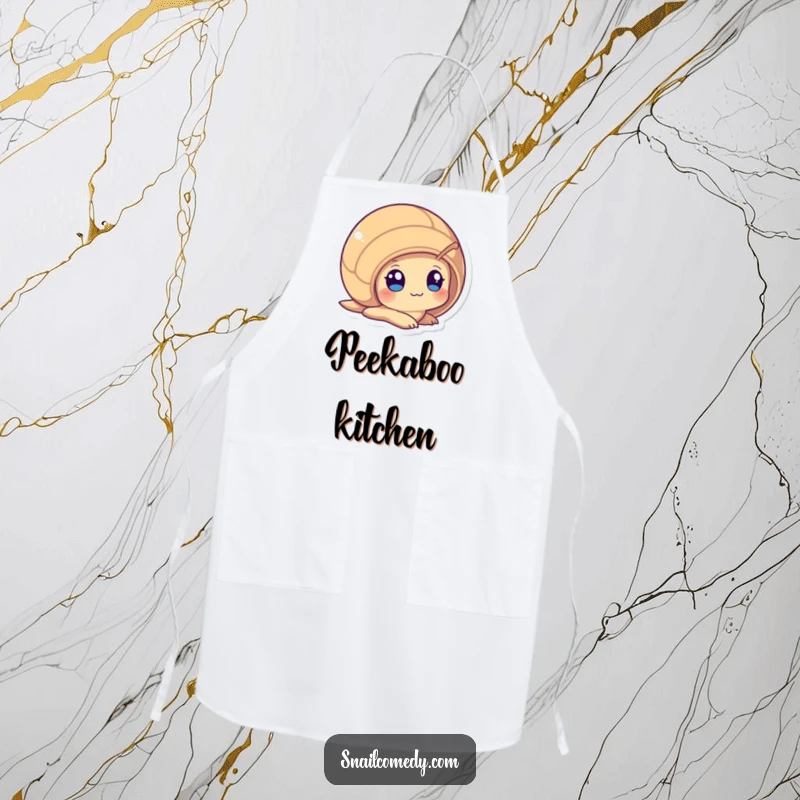 Funny Peeking Kawaii Snail Apron, playfully peeking from its shell with wide, curious eyes, designed for humorous and inquisitive kitchen activities.