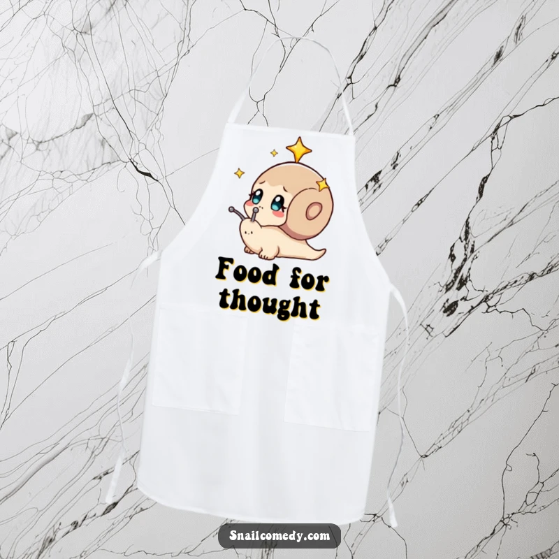 Funny apron featuring a snail looking curiously at a starry night sky. A whimsical kitchen accessory.