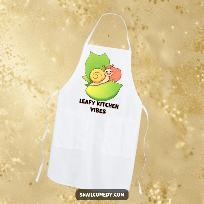 Funny Apron: A happy snail joyfully rides on a large, colorful leaf, bringing a whimsical and fun vibe to kitchen wear.