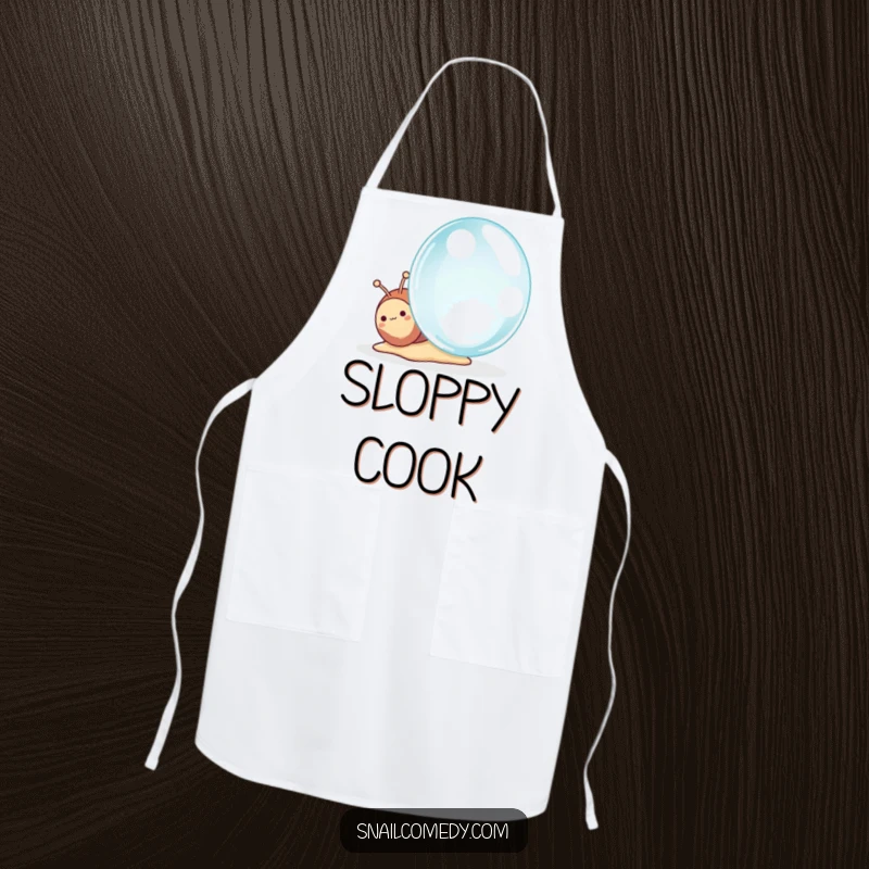 Funny Kawaii Snail Apron, a cute snail curiously examining a giant dewdrop, perfect for a whimsical kitchen gift.