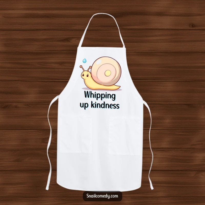 Funny kawaii snail with a shy smile, offering a glistening dewdrop, practical and humorous kitchen apron.