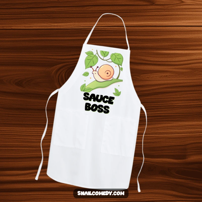 Funny cooking apron with a kawaii snail sliding down a leafy slope with an expression of pure glee.