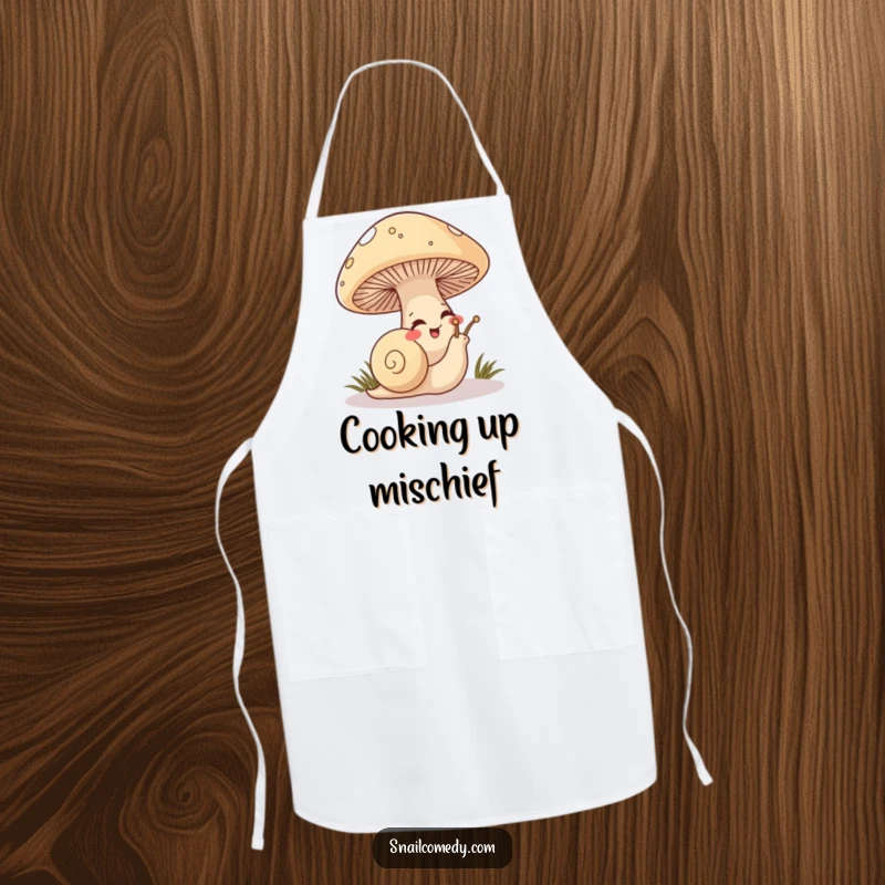 Funny Snail Apron depicting a mischievous snail peeking from under a mushroom, giggling, perfect for kitchen fun.