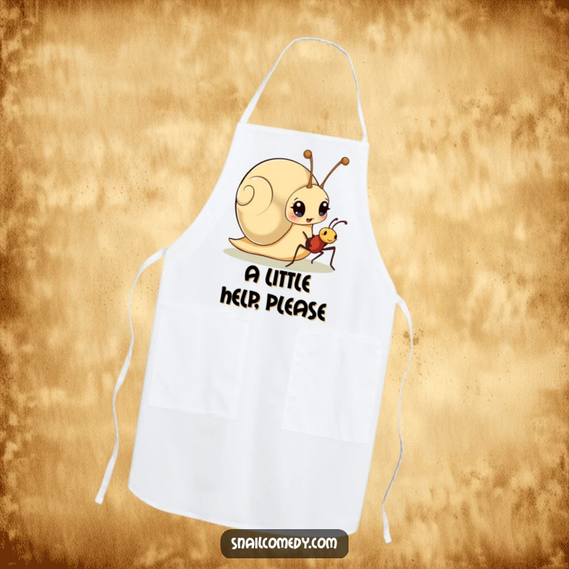 Funny apron featuring a surprised snail character meeting a friendly ant, adding a touch of humorous charm to kitchen duties.