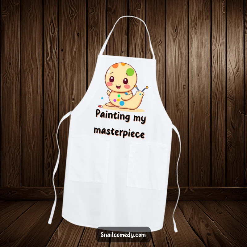 Funny snail apron with a snail enthusiastically painting a colorful dot, a humorous and practical kitchen accessory.