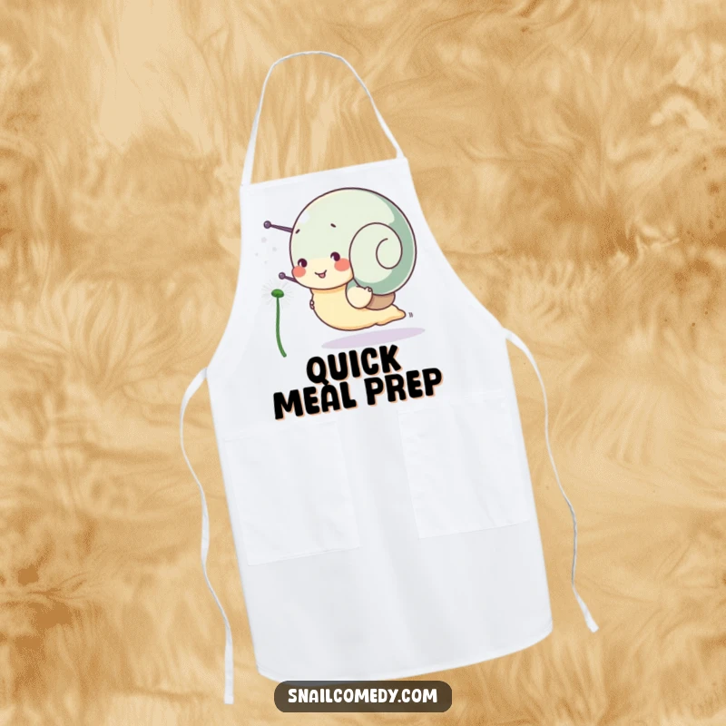 Funny snail apron, a snail character is happily racing a dandelion seed, ideal for kitchen protection and humor.
