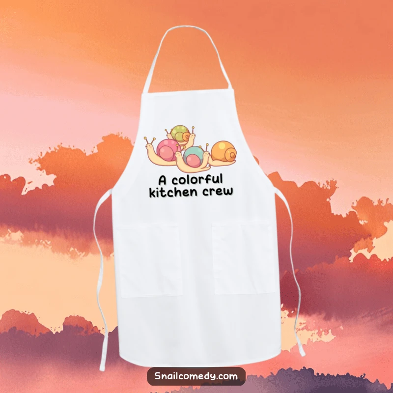 Funny apron featuring a group of snails with colorful shells marching in a line, perfect for kitchen fun.