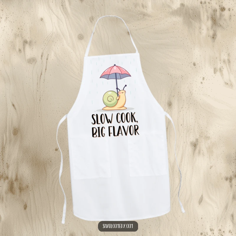 Funny snail chef with a miniature umbrella on an apron, ready for kitchen tasks with a humorous, charming flair, a brilliant funny gift.