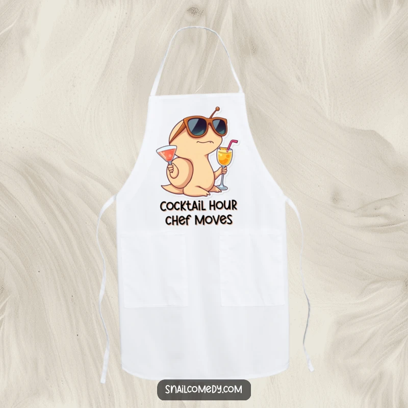 Funny Snail Apron depicting a surprised snail wearing oversized sunglasses and holding a cocktail, perfect for kitchen wear.