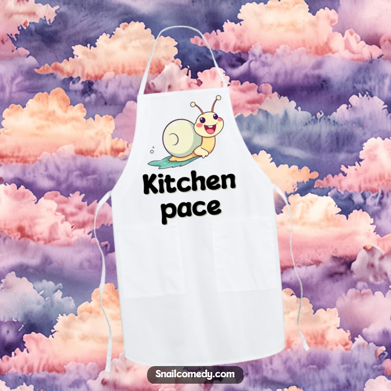 Funny Zooming Kawaii Snail Apron, enthusiastically zooming with a huge smile, designed for humorous and cheerful kitchen activities.