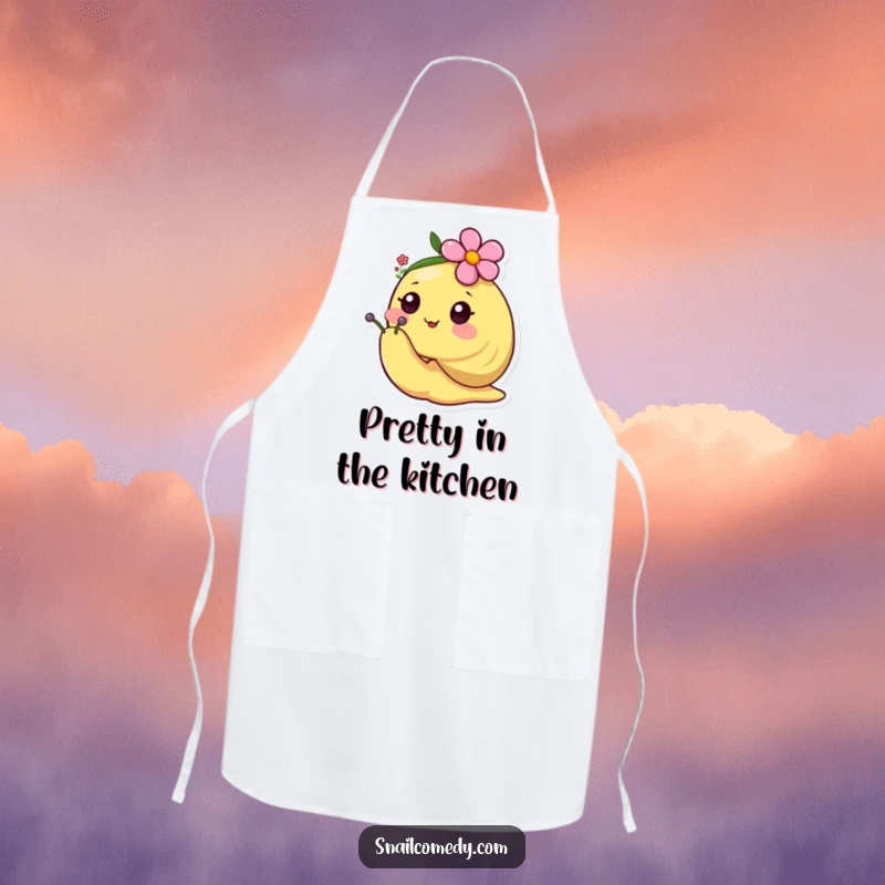 Happy kawaii snail wearing a tiny flower hat on a practical apron, for a cheerful cook.