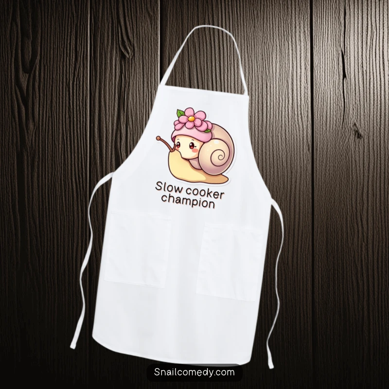 Funny kawaii snail wearing a flower hat, peeking curiously from its shell, practical and humorous kitchen apron.