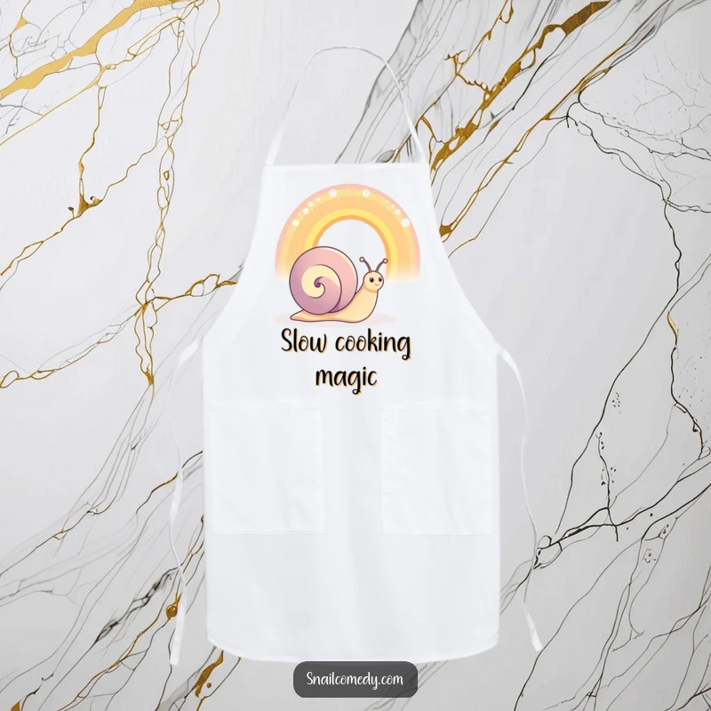 Funny happy snail character admiring an oversized, shimmering rainbow, chef apron, humorous kitchen accessory.