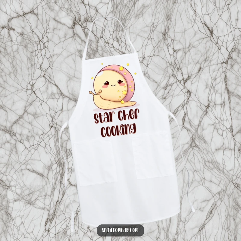 Funny snail apron showing a smiling snail adorning its shell with tiny, glowing stars, bringing cosmic fun to cooking.