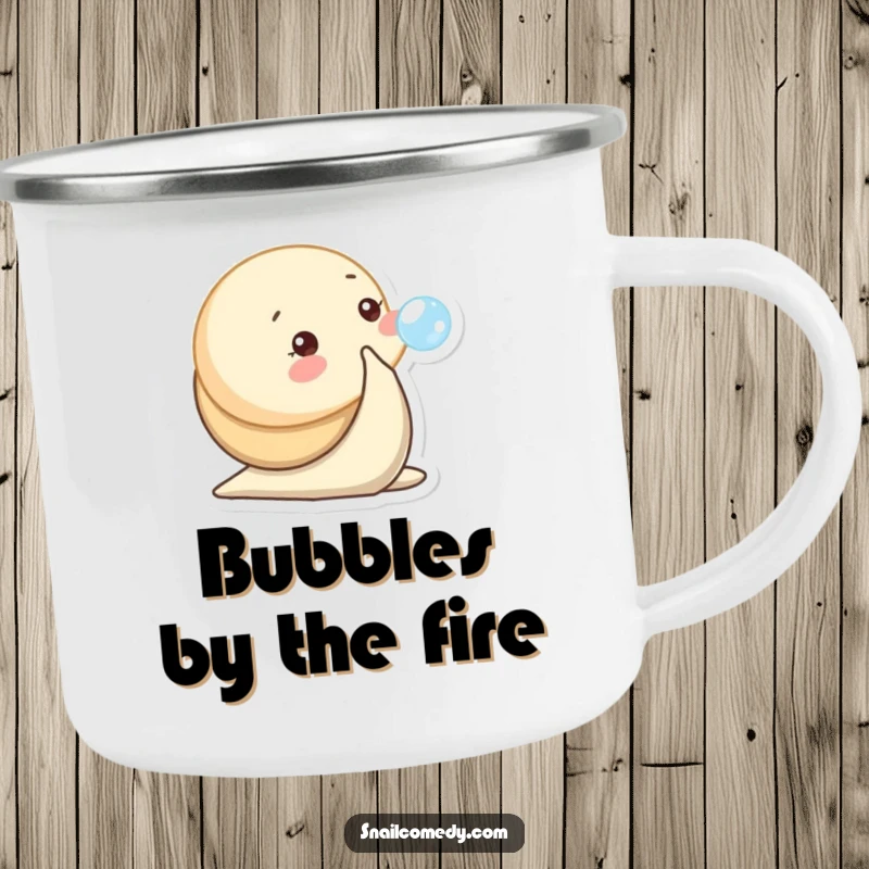 Funny camping mug with a baby snail character playfully blowing a tiny bubble.