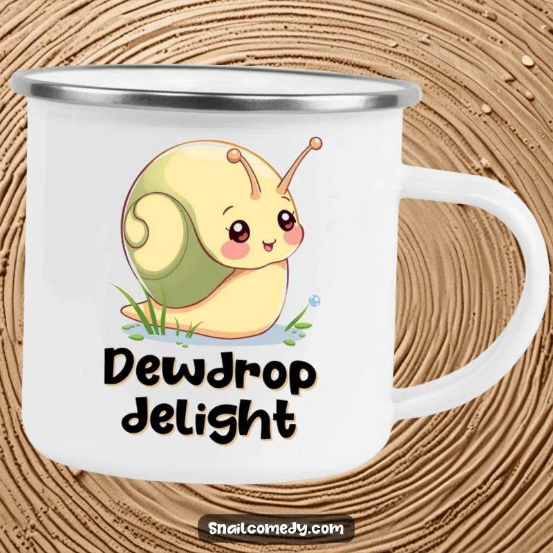 Funny camping mug with a cheerful snail character reaching for a glistening dewdrop, designed for outdoor enthusiasts.