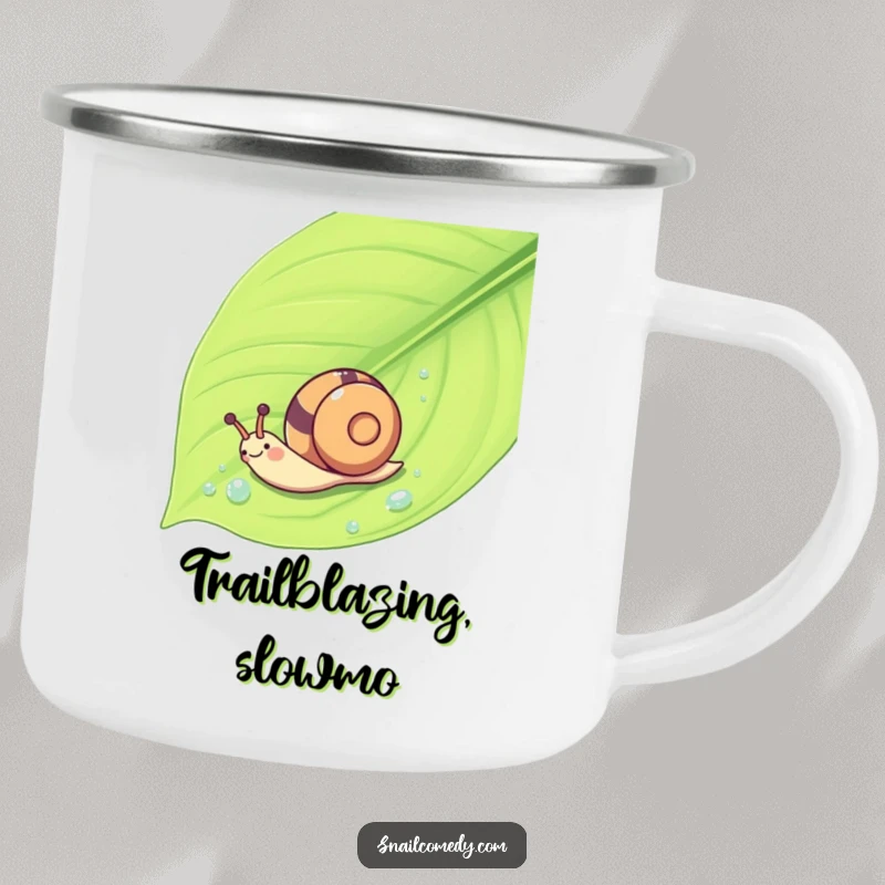 Funny Kawaii snail sliding down a leaf on a rugged camping mug, perfect for outdoor adventures.
