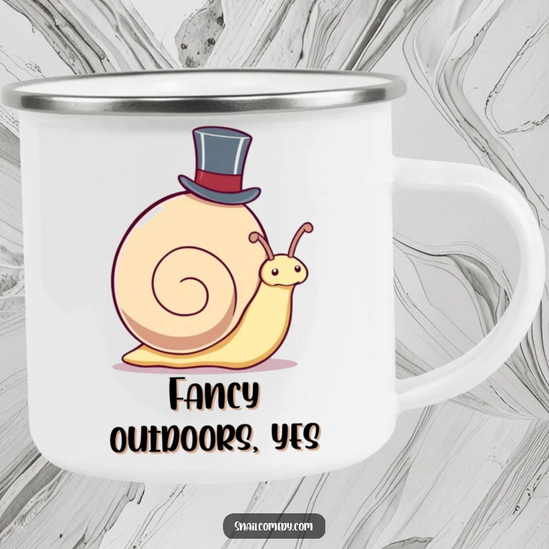 Funny Camping Mug: Kawaii snail wearing a top hat, peeking out, ideal for outdoor use and showcasing dapper snail charm.