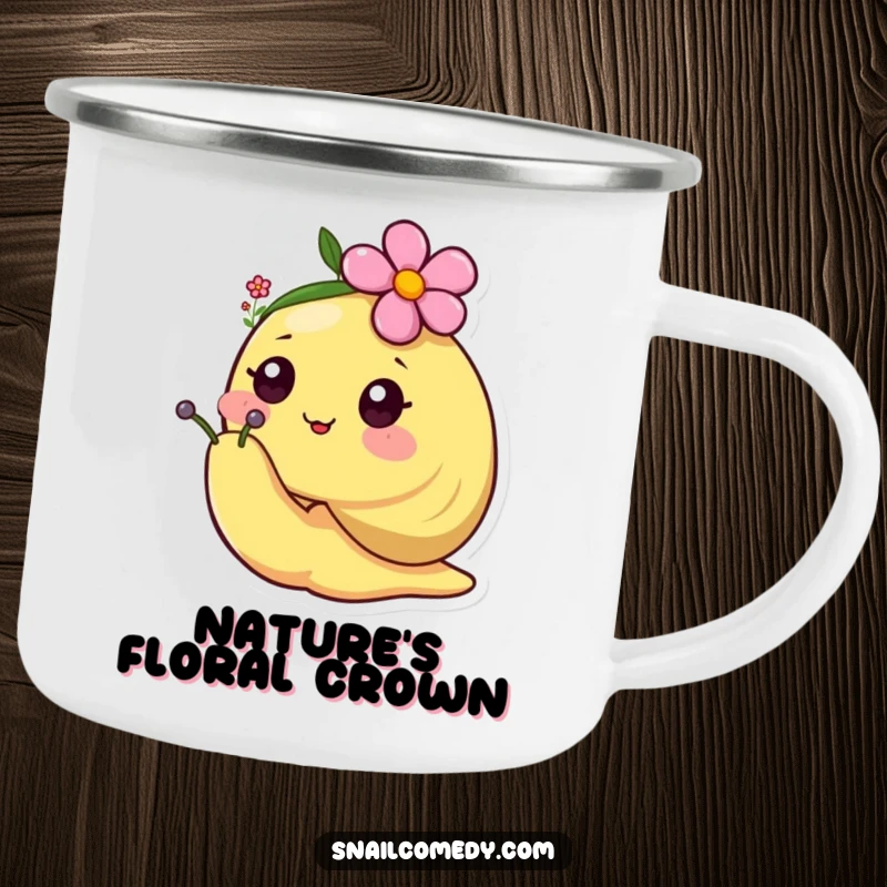Happy kawaii snail wearing a tiny flower hat on a durable camping mug for outdoor cheer.