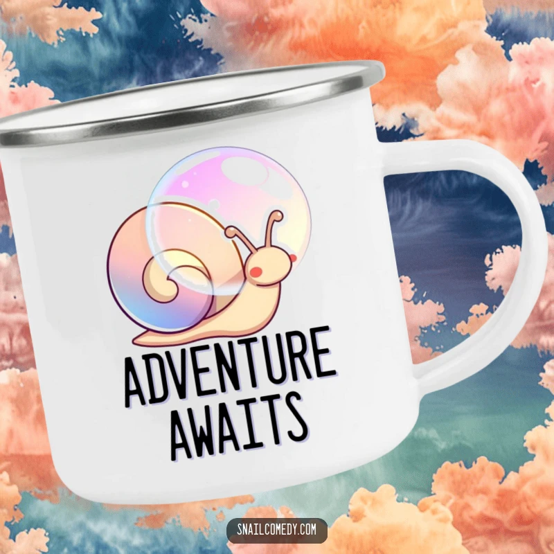 Funny enamel camping mug with a kawaii snail blowing a large, iridescent bubble in a natural setting.