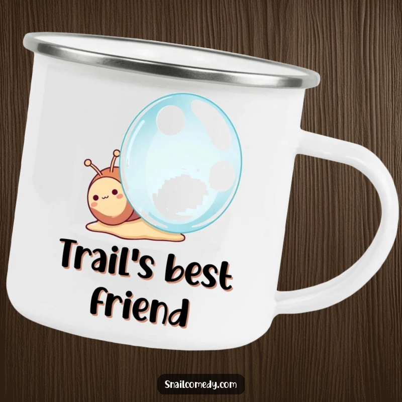 Funny Kawaii Snail Camping Mug, a cute snail curiously examining a giant dewdrop, durable and whimsical outdoor mug.