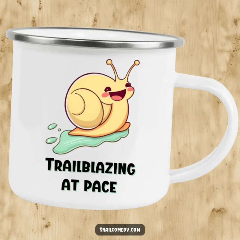 Funny Kawaii Snail Camping Mug: Cute zooming snail with a smile for outdoor fun, a great funny gift.