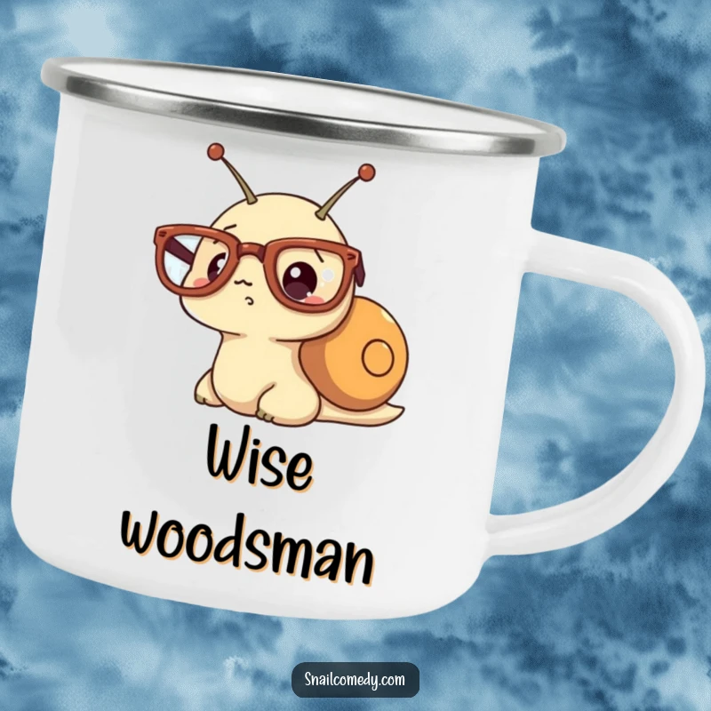 Funny enamel camping mug with a kawaii snail wearing oversized glasses and looking comically surprised.