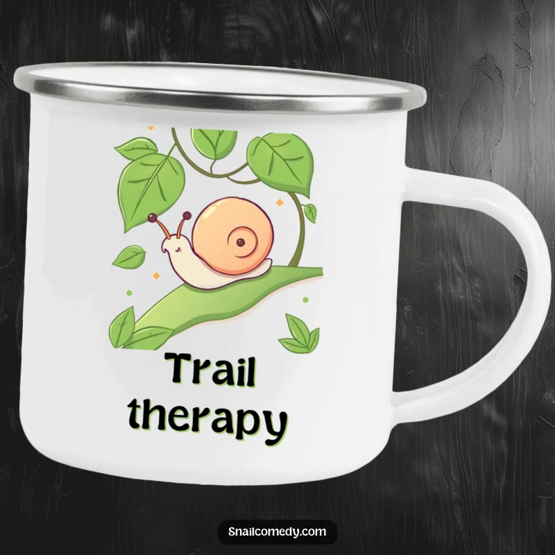 Funny enamel camping mug with a kawaii snail sliding down a leafy slope with pure glee.