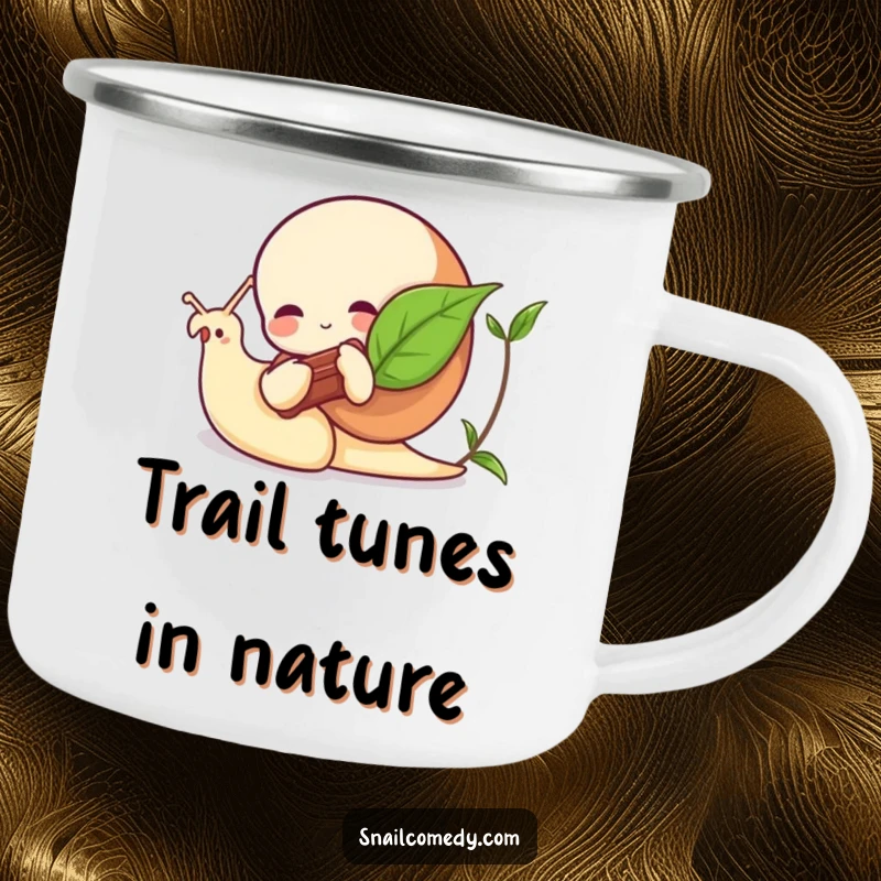 Funny snail camping mug showing a snail playing a leaf instrument, durable and amusing for outdoor excursions.