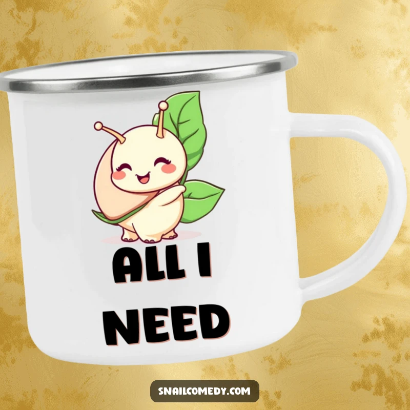 Funny snail camping mug, a snail character with a wide smile carries a large leaf, perfect for outdoor enthusiasts.