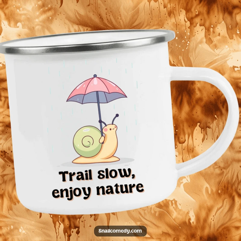 Funny snail with a miniature umbrella on a rugged camping mug, ideal for outdoor adventures and humor, a superb funny gift.