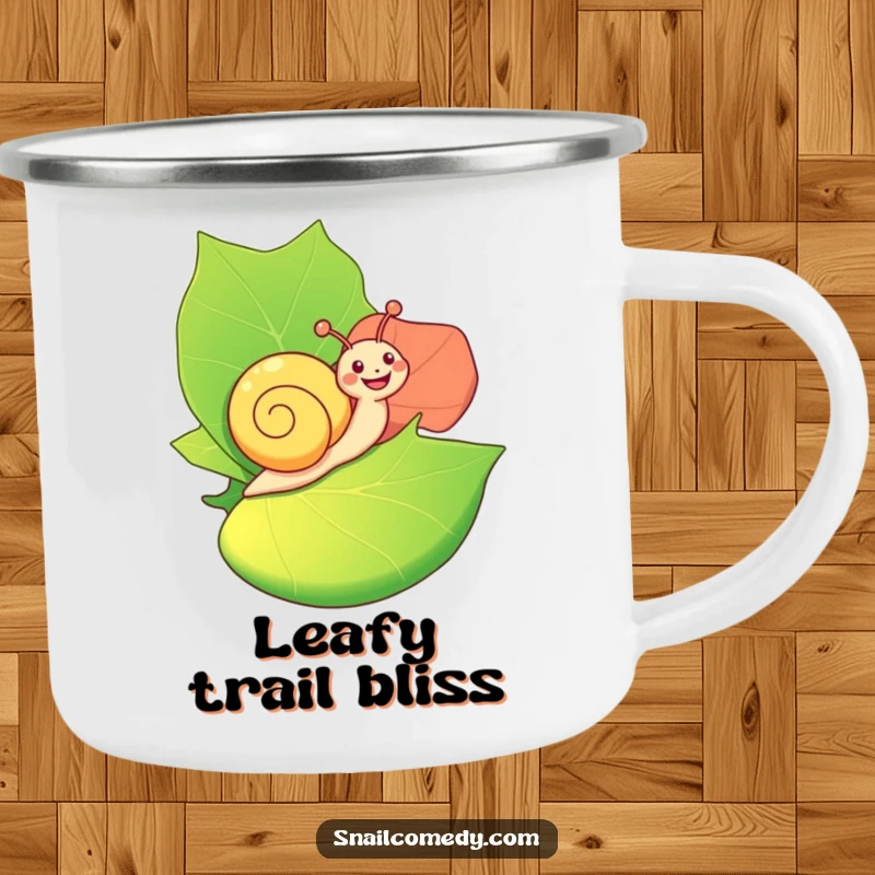 Funny Camping Mug: A happy snail joyfully rides on a large, colorful leaf, perfect for sipping beverages during outdoor trips.