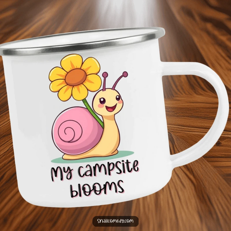 Funny camping mug with a snail character joyfully carrying a large, colorful flower.