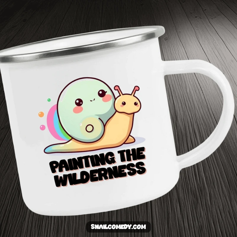 Funny Snail Camping Mug with a happy snail painting a rainbow with its colorful slime trail, perfect for outdoor drinks.