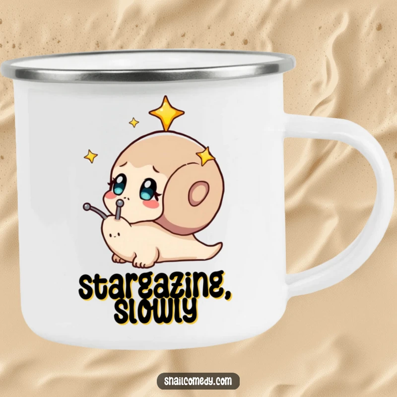 Funny, durable camping mug with a snail curiously observing a starry sky. Perfect for outdoor stargazing.