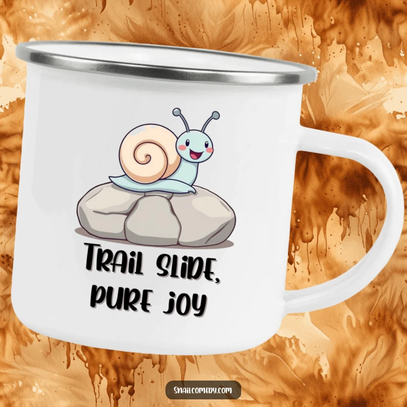 Funny snail sliding down a stone on a rugged camping mug, ideal for outdoor fun and humor, a superb funny gift.