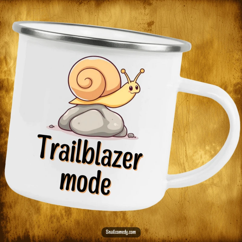 Funny enamel camping mug with a kawaii snail surprisingly leaping over a small pebble on an adventure.