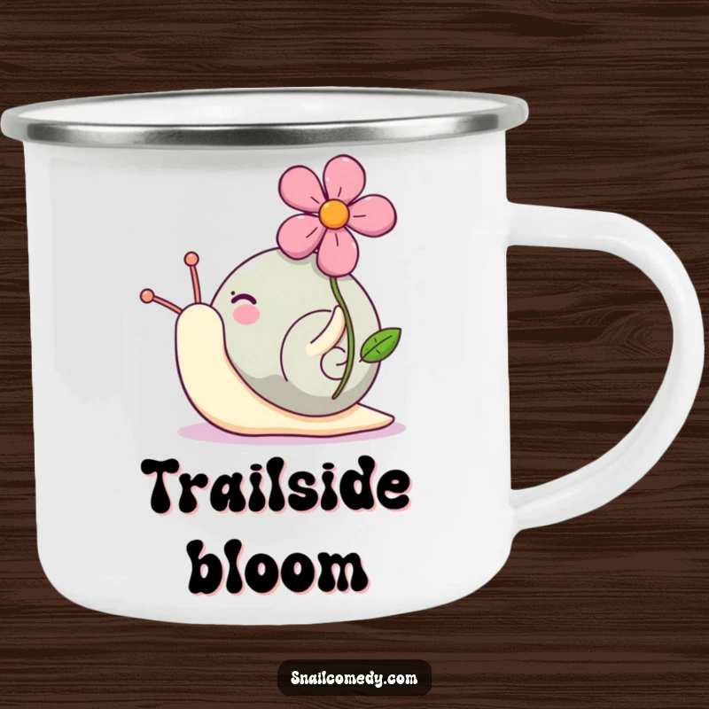 Funny Kawaii snail camping mug showing a cute snail proudly carrying a bright flower on its shell, ready for outdoor adventures.