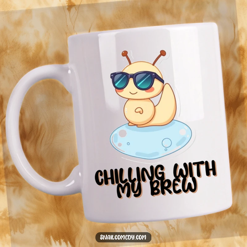 Funny mug showing a snail character wearing sunglasses, happily floating on a water drop, exuding cool relaxation.