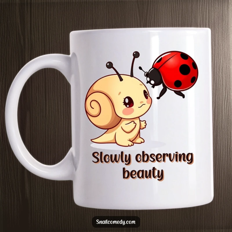 Funny mug showing a curious snail examining a vibrant ladybug with wide-eyed wonder, celebrating nature's small marvels.