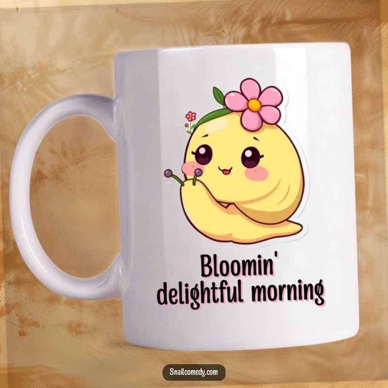 Happy kawaii snail wearing a tiny flower as a hat, looking cheerful and sweet on a coffee mug.