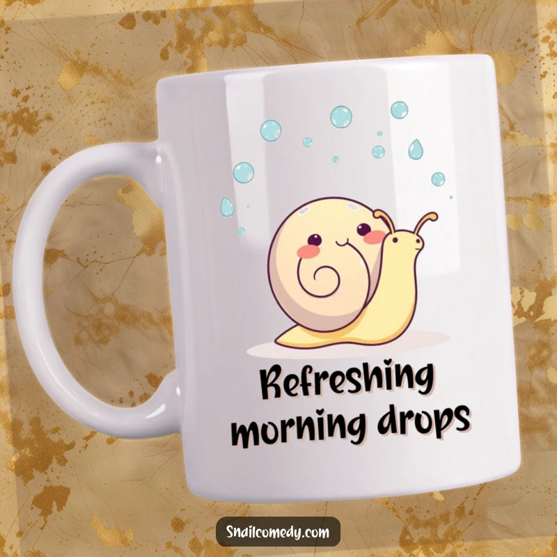 Funny kawaii snail mug, a happy snail juggling small raindrops with a joyful expression.