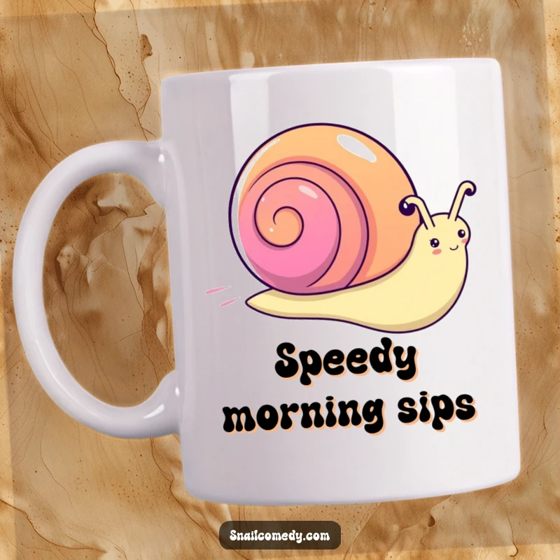 Funny kawaii snail mug, a snail with a vibrant rainbow shell zooming quickly across a surface.