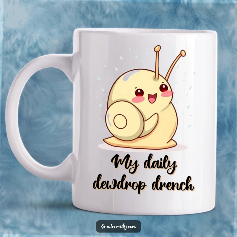 Funny Kawaii Snail Mug: A tiny snail gleefully showers in sparkling raindrops, radiating pure delight and happiness.